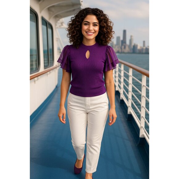 7Th Avenue Design Studio XS Purple Puff Flutter Sleeve Blouse Keyhole Cutout - Picture 1 of 15